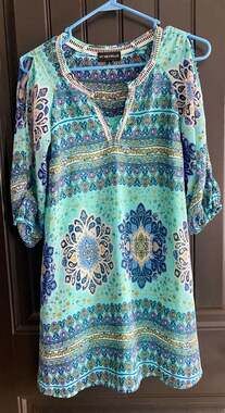 My Michelle Women's Blue Boho Mosaic Print Cold Shoulder Spring Dress Size Small
